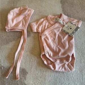 Kate Quinn Blush pink kimono style onsie and matching cat ear bonnet